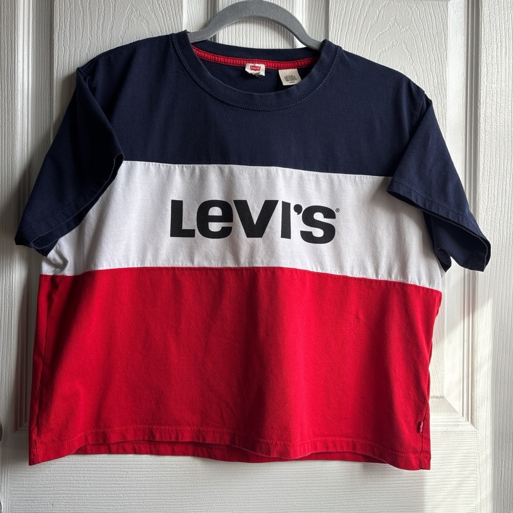 Levi's Colorblock Logo Crew Neck Crop Top Girl’s Small Navy/White/Red